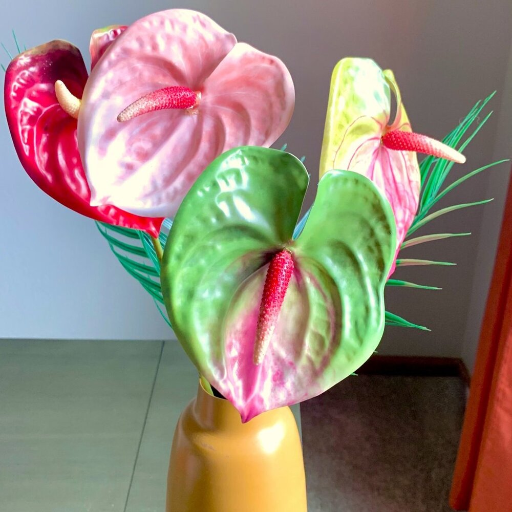 Gorgeous 3 Stems 22.5" Artificial Faux Multicolor Variegated Anthurium Flowers